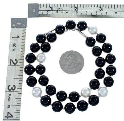 Authentic Navajo Onyx And Mother of Pearl Sterling Silver Bead Necklace NX11990