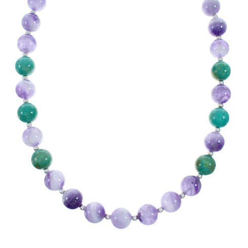 Native American Turquoise and Amethyst Sterling Silver Bead Necklace NX11992