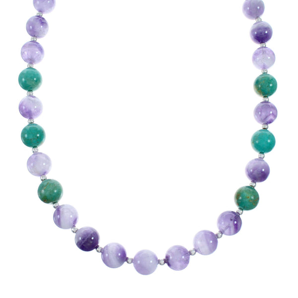 Native American Turquoise and Amethyst Sterling Silver Bead Necklace NX11992