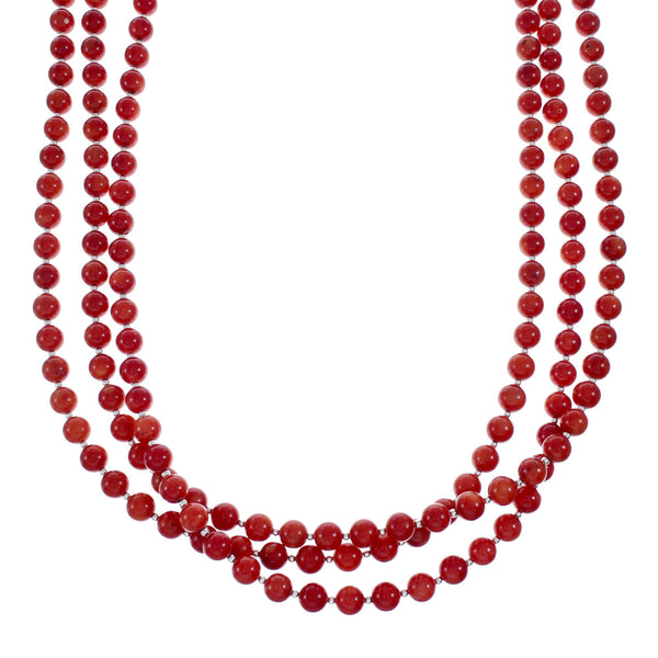 Native American 3-Strand Authentic Sterling Silver Coral Bead Necklace NX11995