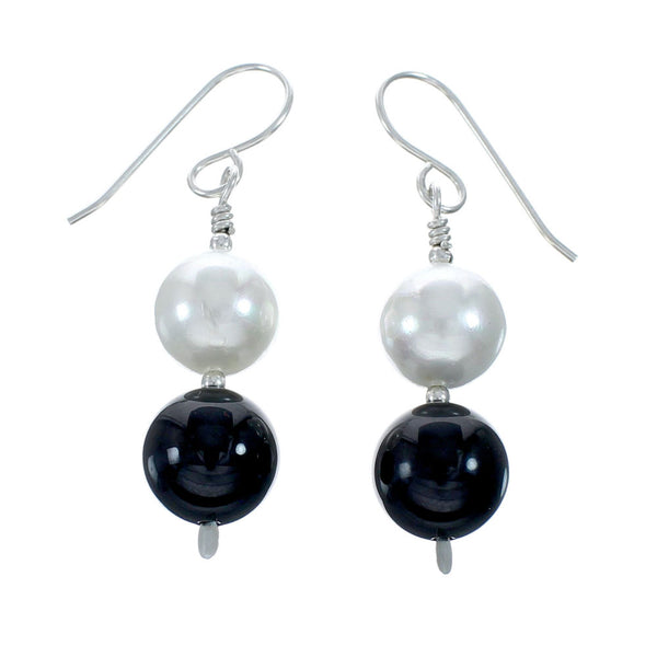 Sterling Silver Mother Of Pearl And Onyx Bead Hook Dangle Earrings NX11997