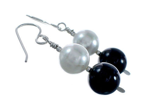 Sterling Silver Mother Of Pearl And Onyx Bead Hook Dangle Earrings NX11997
