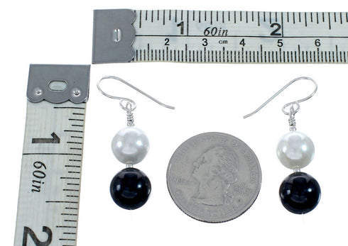 Sterling Silver Mother Of Pearl And Onyx Bead Hook Dangle Earrings NX11997
