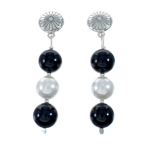Genuine Mother Of Pearl And Onyx Bead Sterling Silver Post Dangle Earrings NX11998