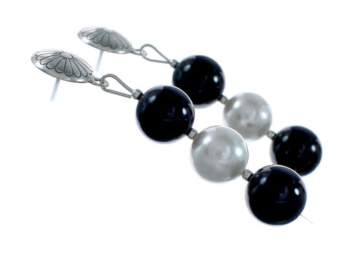 Genuine Mother Of Pearl And Onyx Bead Sterling Silver Post Dangle Earrings NX11998