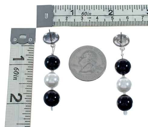 Genuine Mother Of Pearl And Onyx Bead Sterling Silver Post Dangle Earrings NX11998
