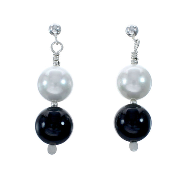 Genuine Mother Of Pearl And Onyx Bead Sterling Silver Post Dangle Earrings NX11999