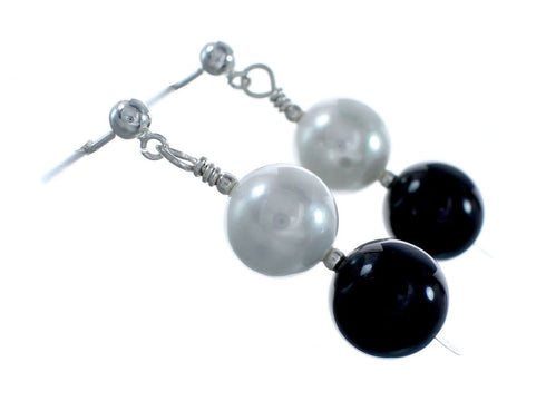 Genuine Mother Of Pearl And Onyx Bead Sterling Silver Post Dangle Earrings NX11999