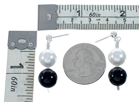 Genuine Mother Of Pearl And Onyx Bead Sterling Silver Post Dangle Earrings NX11999