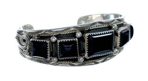 Authentic Navajo Onyx Leaf Sterling Silver Cuff Bracelet NX11969