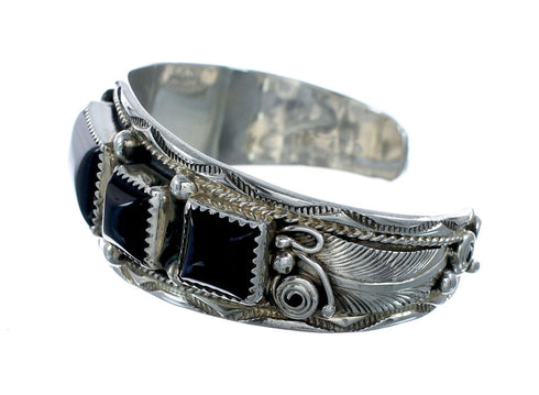 Authentic Navajo Onyx Leaf Sterling Silver Cuff Bracelet NX11969