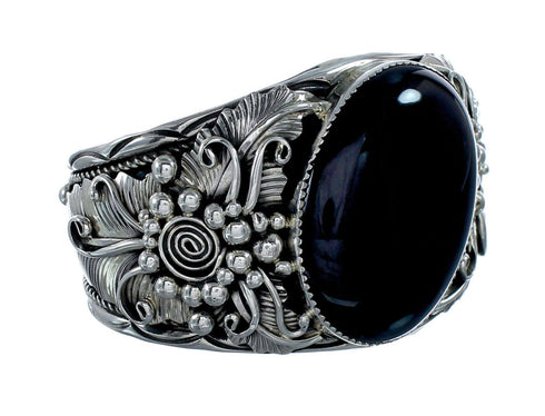 Authentic Navajo Onyx Flower Leaf Sterling Silver Cuff Bracelet NX11968