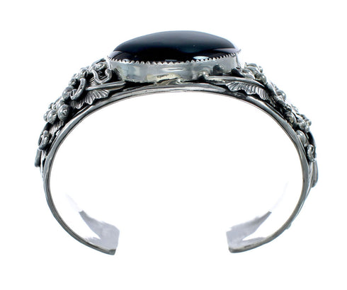 Authentic Navajo Onyx Flower Leaf Sterling Silver Cuff Bracelet NX11968