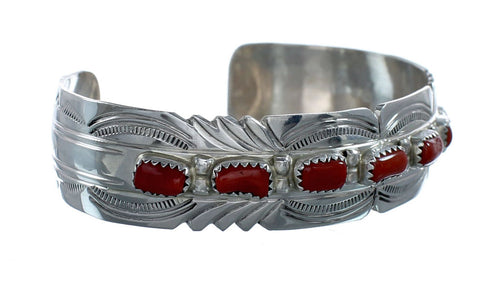 Navajo Coral Sterling Silver Native American Cuff Bracelet NX11976