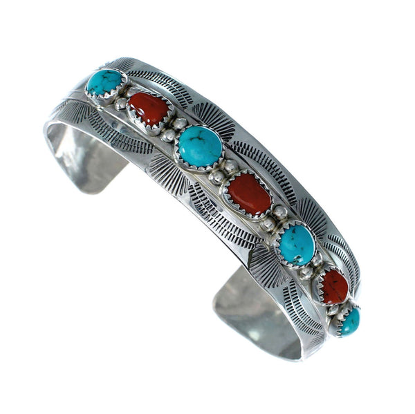 Navajo Turquoise And Coral Sterling Silver Cuff Bracelet NX11981