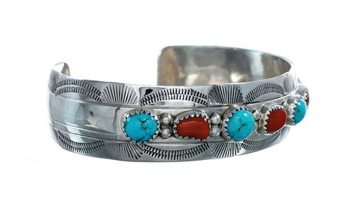 Navajo Turquoise And Coral Sterling Silver Cuff Bracelet NX11981