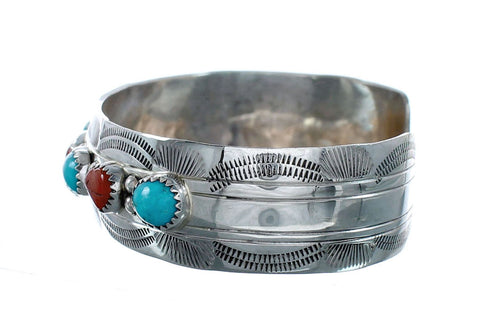 Navajo Turquoise And Coral Sterling Silver Cuff Bracelet NX11981