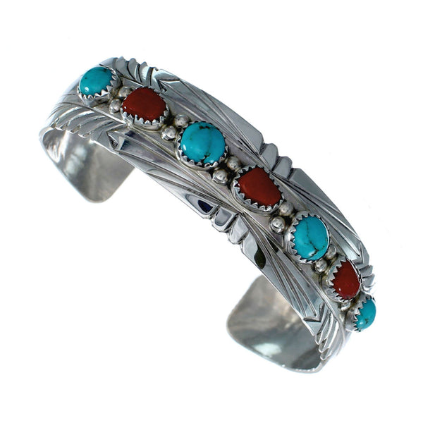 Navajo Turquoise And Coral Sterling Silver Cuff Bracelet NX11982