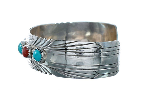 Navajo Turquoise And Coral Sterling Silver Cuff Bracelet NX11982