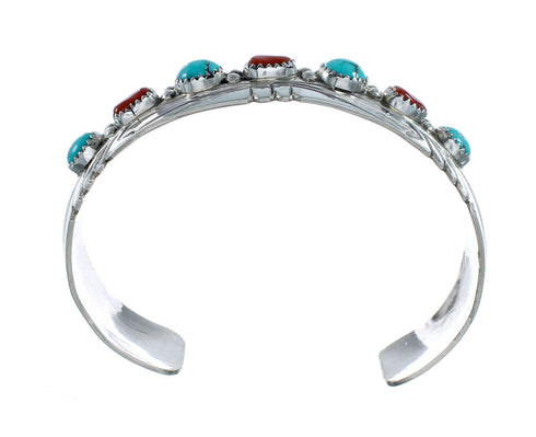 Navajo Turquoise And Coral Sterling Silver Cuff Bracelet NX11982