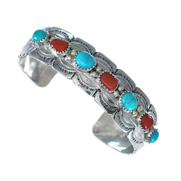 Navajo Turquoise And Coral Sterling Silver Cuff Bracelet NX11983