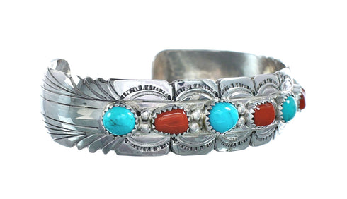 Native American Navajo Turquoise And Coral Sterling Silver Cuff Bracelet NX11984