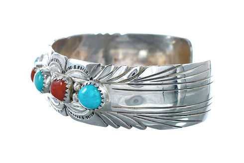 Native American Navajo Turquoise And Coral Sterling Silver Cuff Bracelet NX11984