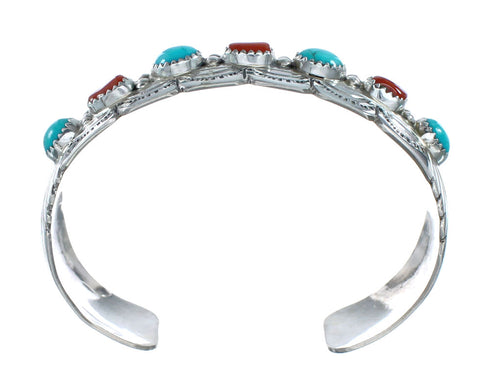 Native American Navajo Turquoise And Coral Sterling Silver Cuff Bracelet NX11984