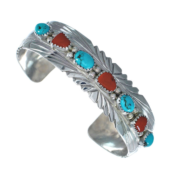Native American Navajo Turquoise And Coral Sterling Silver Cuff Bracelet NX11986