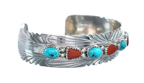 Native American Navajo Turquoise And Coral Sterling Silver Cuff Bracelet NX11986