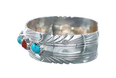 Native American Navajo Turquoise And Coral Sterling Silver Cuff Bracelet NX11986