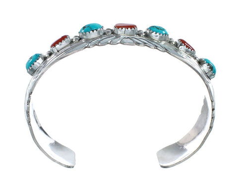 Native American Navajo Turquoise And Coral Sterling Silver Cuff Bracelet NX11986