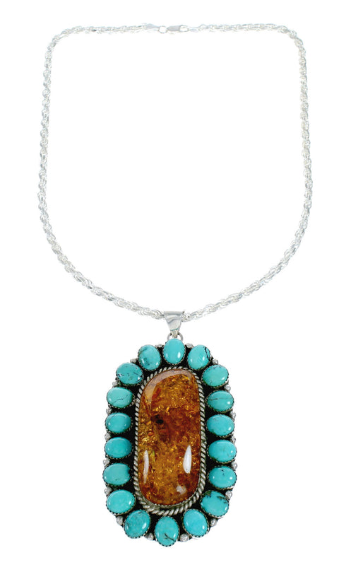 Native American Amber Turquoise Bead And Sterling Silver Italian Rope Necklace NX12010