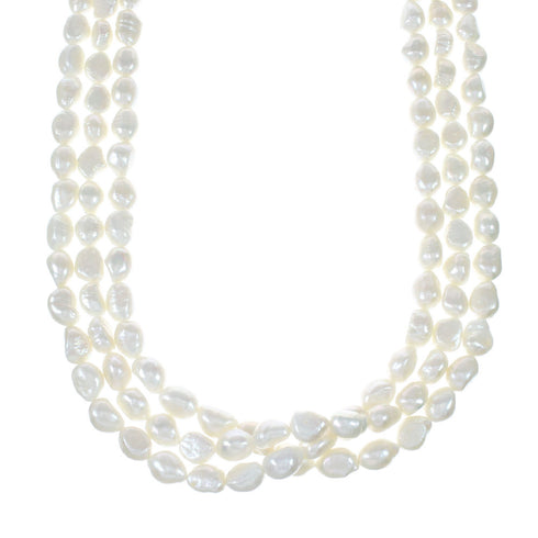 Freshwater White Pearl Sterling Silver Native American Three-Strand Bead Necklace NX12039