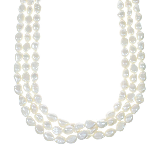 Freshwater White Pearl Sterling Silver Native American Three-Strand Bead Necklace NX12039