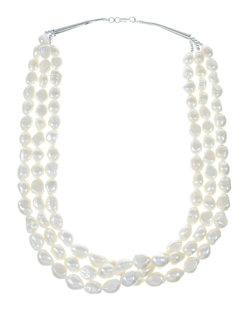 Freshwater White Pearl Sterling Silver Native American Three-Strand Bead Necklace NX12039