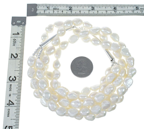 Freshwater White Pearl Sterling Silver Native American Three-Strand Bead Necklace NX12039