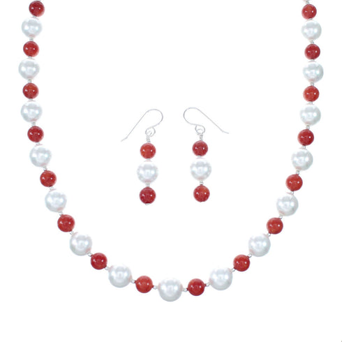 Genuine Sterling Silver Navajo Fresh Water Pearl And Coral Bead Necklace And Earrings NX12052