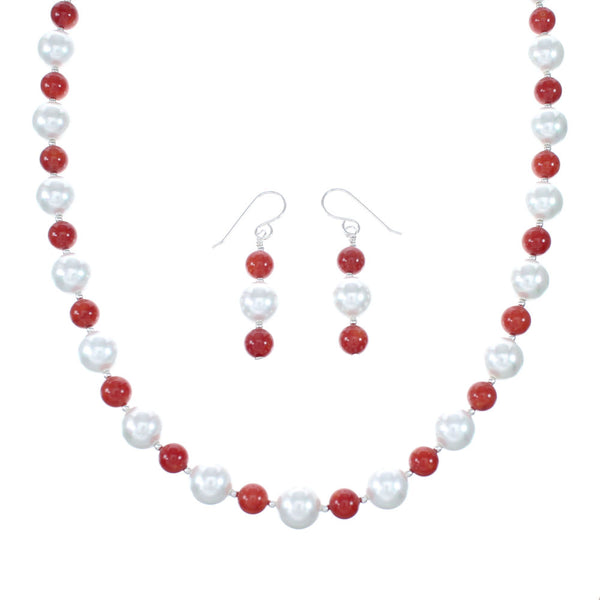 Genuine Sterling Silver Navajo Fresh Water Pearl And Coral Bead Necklace And Earrings NX12052
