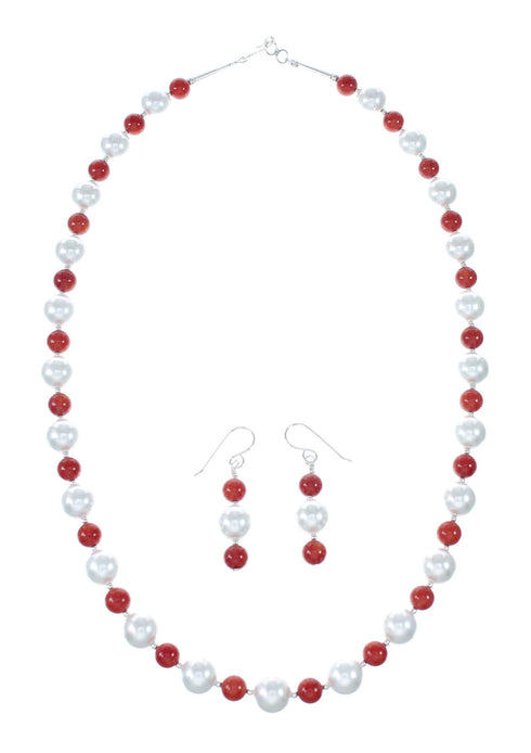 Genuine Sterling Silver Navajo Fresh Water Pearl And Coral Bead Necklace And Earrings NX12052