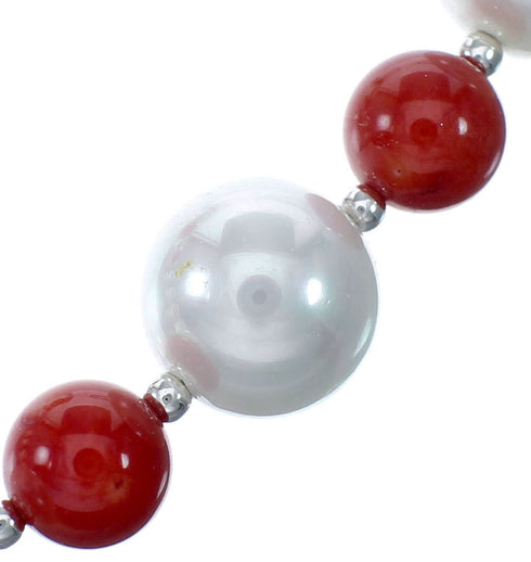 Genuine Sterling Silver Navajo Fresh Water Pearl And Coral Bead Necklace And Earrings NX12052
