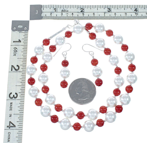 Genuine Sterling Silver Navajo Fresh Water Pearl And Coral Bead Necklace And Earrings NX12052