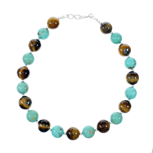 Turquoise And Tiger Eye Navajo Sterling Silver Bead Bracelet NX12051