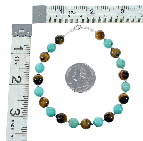 Turquoise And Tiger Eye Navajo Sterling Silver Bead Bracelet NX12051