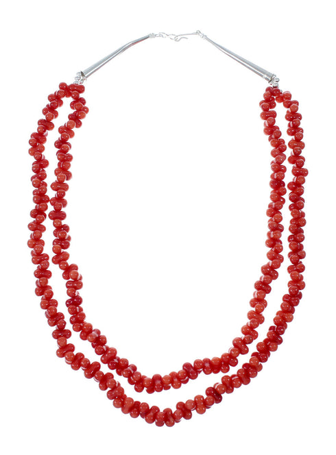 Native American 2-Strand Authentic Sterling Silver Coral Bead Necklace NX12083