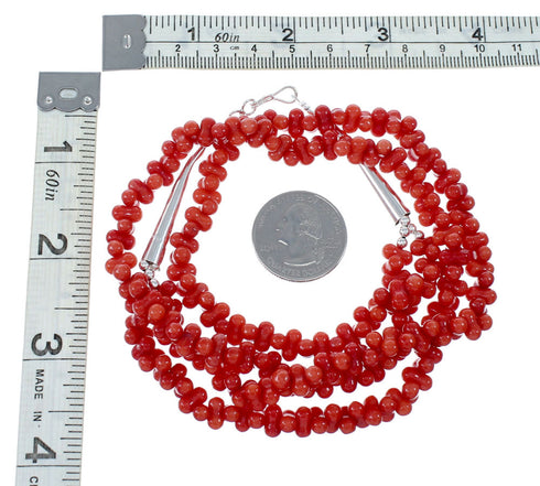 Native American 2-Strand Authentic Sterling Silver Coral Bead Necklace NX12083