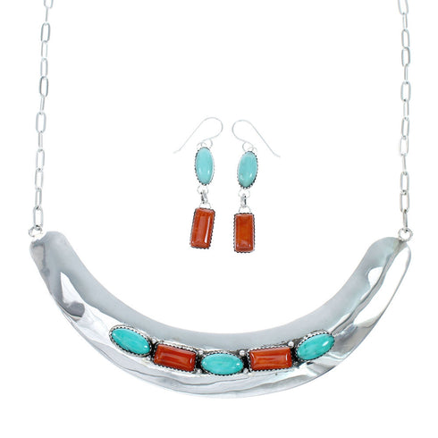 Navajo Turquoise And Coral Sterling Silver Collar Link Necklace Set NX12088