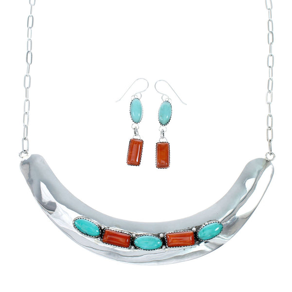 Navajo Turquoise And Coral Sterling Silver Collar Link Necklace Set NX12088