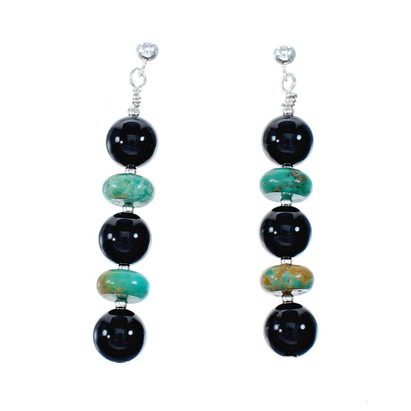 Genuine Sterling Silver Turquoise and Onyx Post Dangle Bead Earrings NX12084
