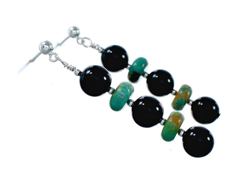 Genuine Sterling Silver Turquoise and Onyx Post Dangle Bead Earrings NX12084
